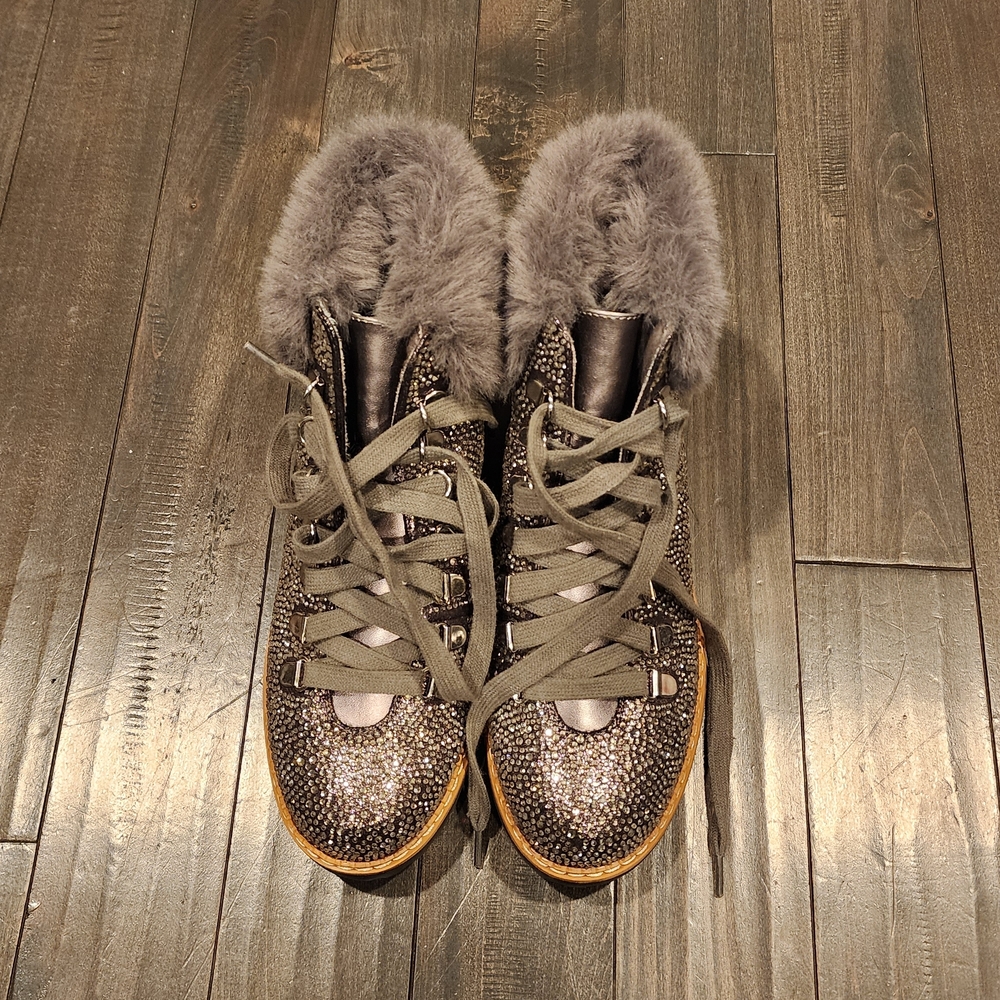 INC International Concepts Gray Sparkle Lace-Up Faux Fur Boot Sneakers
